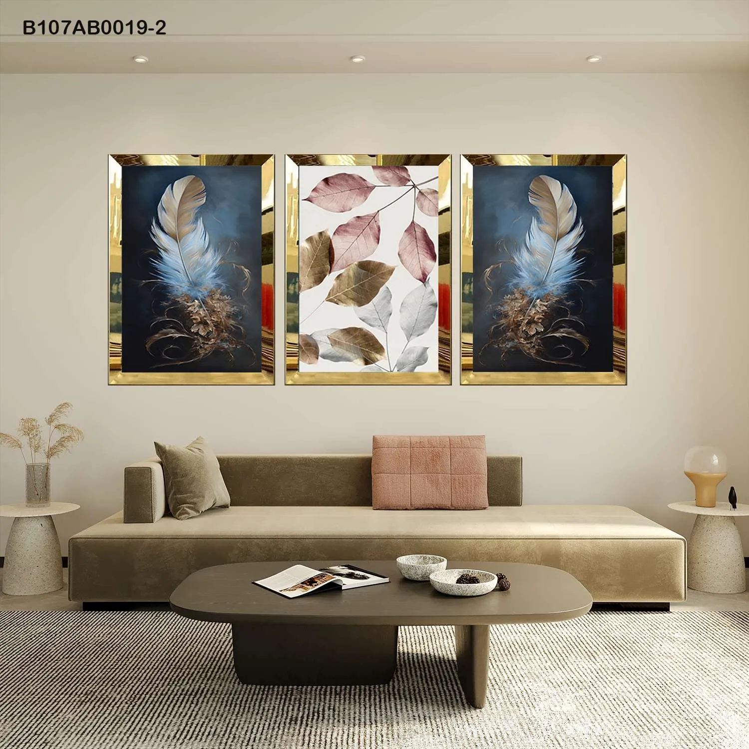 لوحات جدارية ريشة ناعمة وأوراق ملونة إطار ذهبي