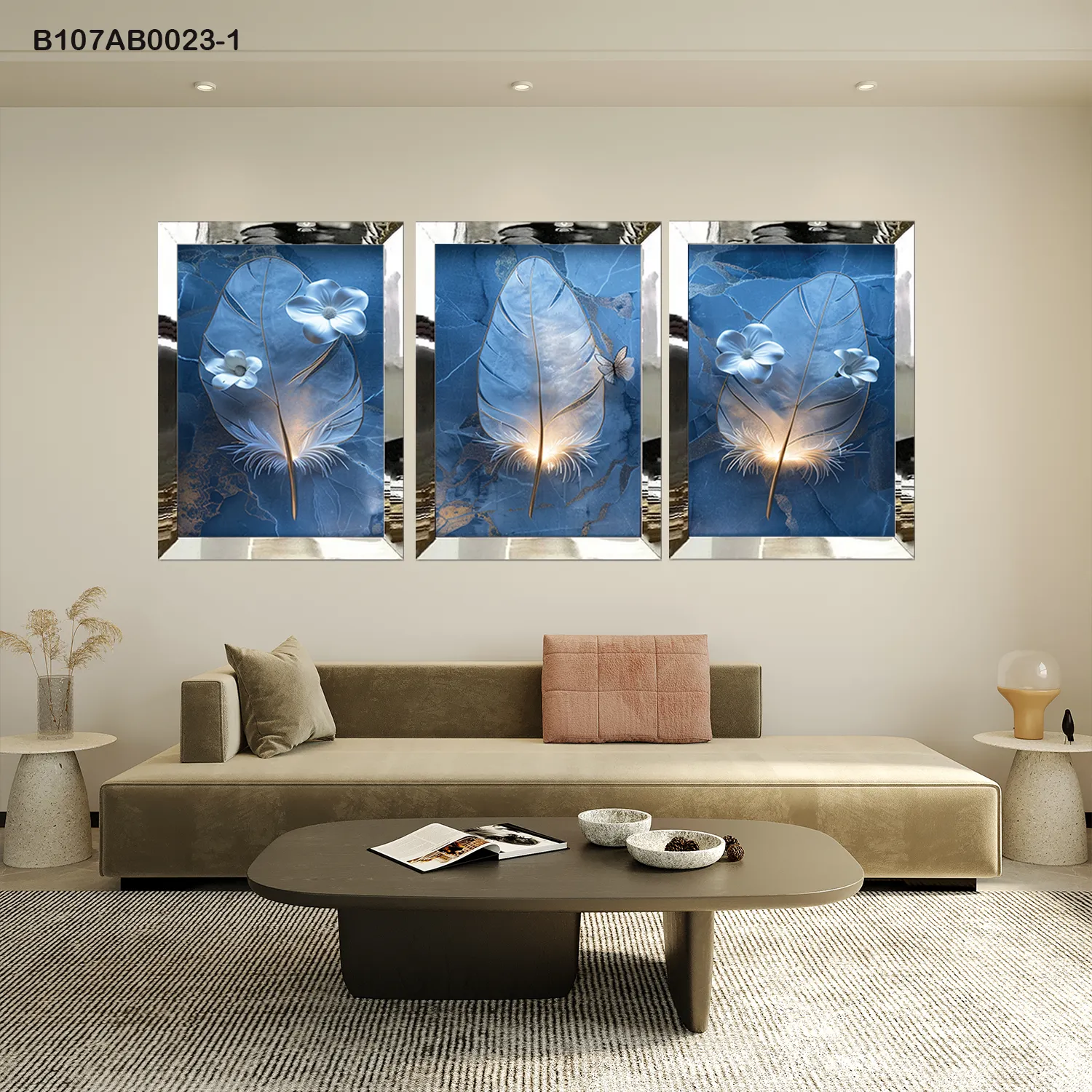 لوحات جدارية ريشة وزهور زرقاء أنيقة إطار فضي