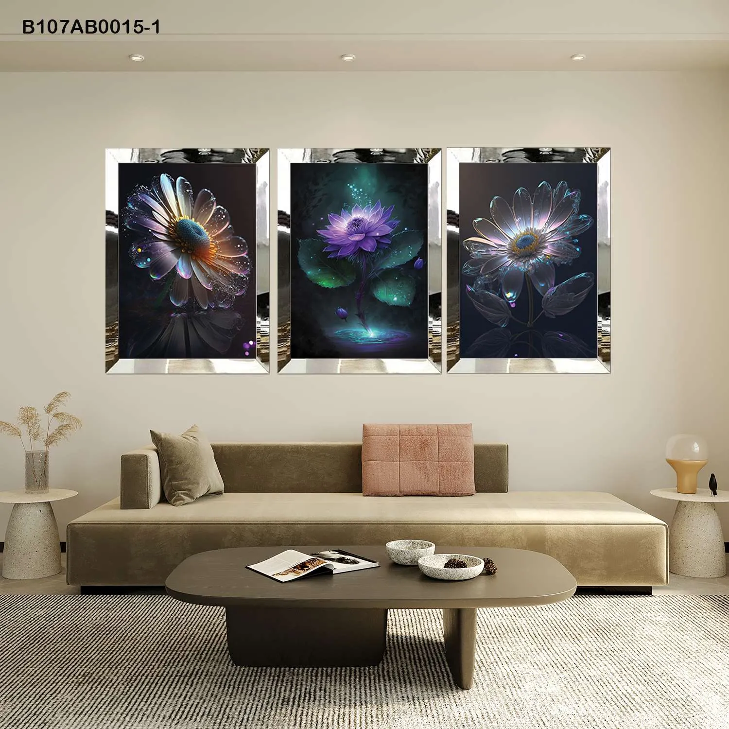 لوحات جدارية زهور مضيئة بتصميم فني إطار فضي