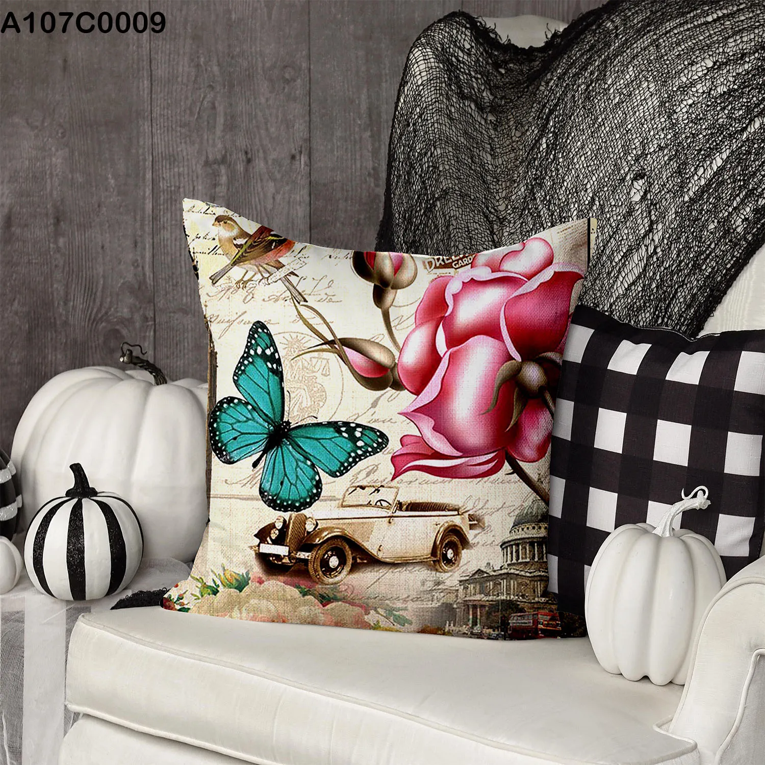 وجه مخدة وردة وفراشة كلاسيكية