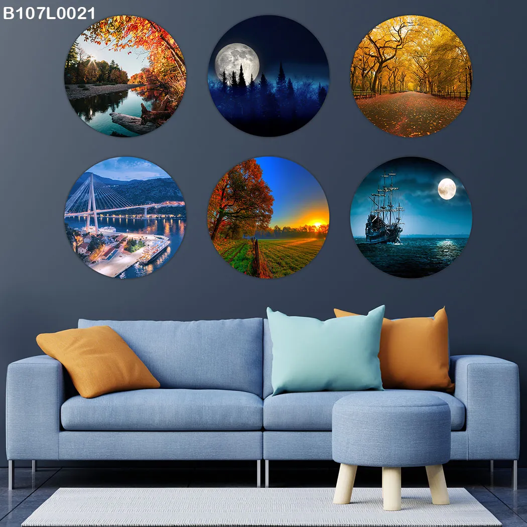 لوحة جدارية ست دوائر طبيعة ليلية ونهارية