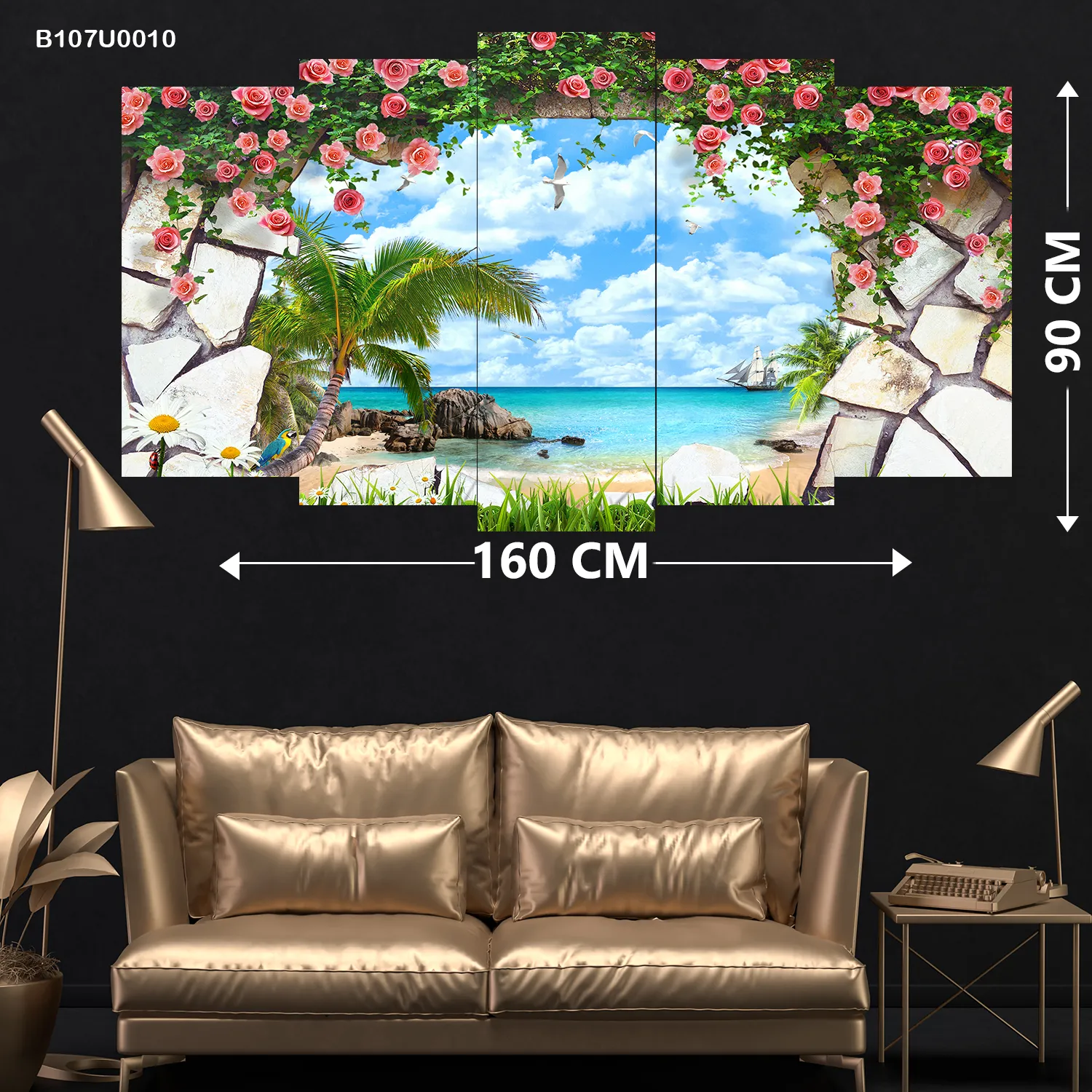 لوحة جدارية مشهد البحر وإطار الزهور