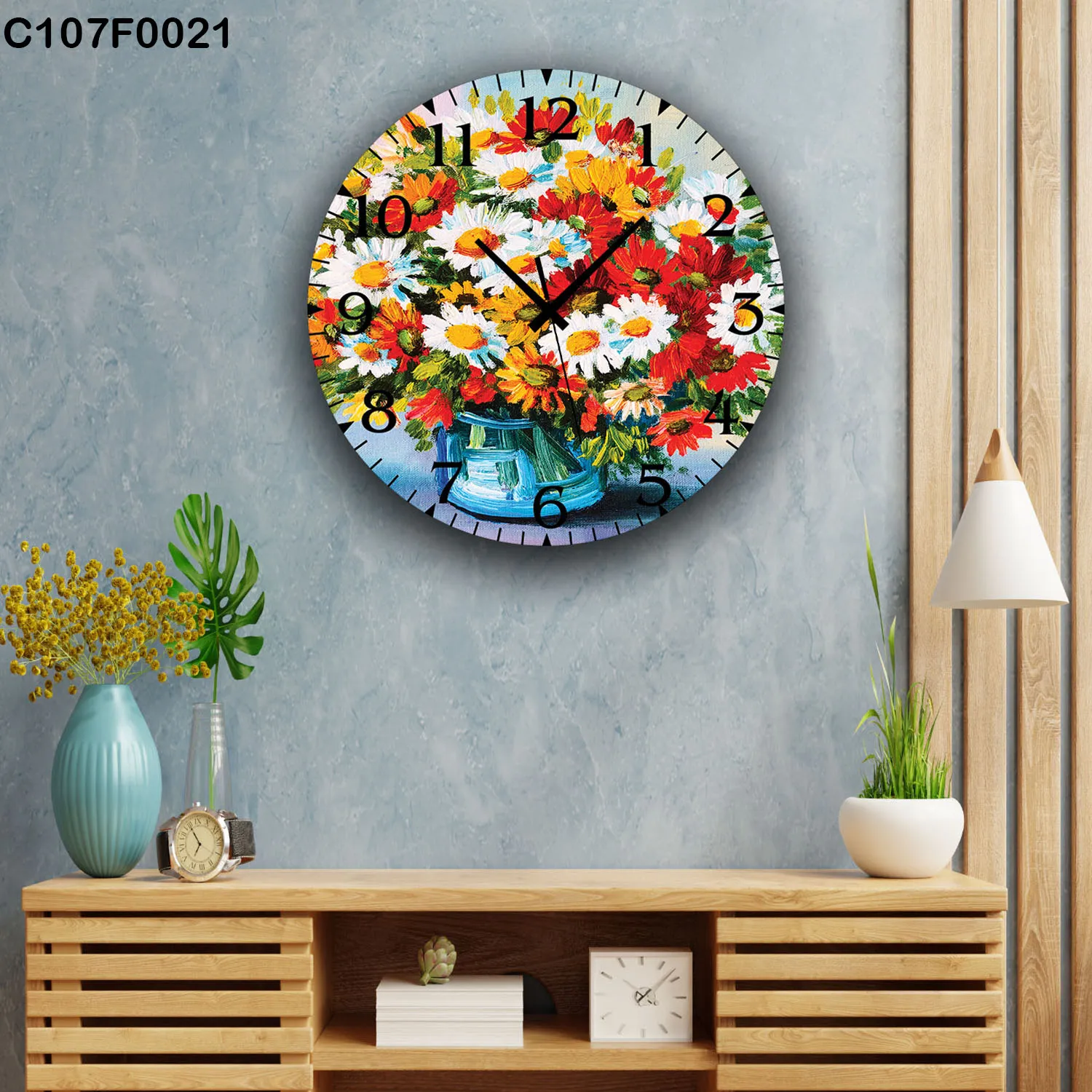 ساعة دائرية باقة زهور ملونة مزهرية