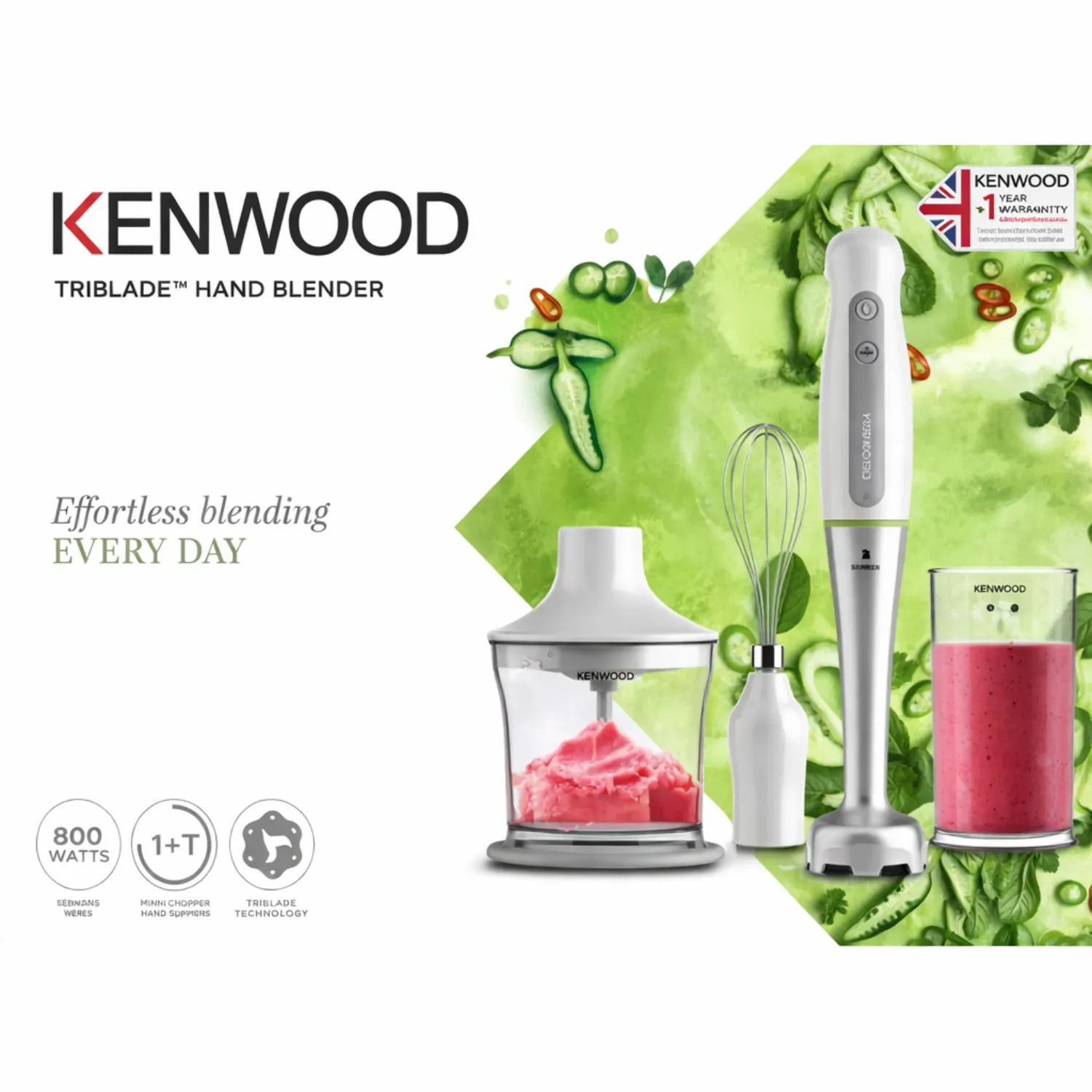 مجموعة خلاط كينوود اليدوي (Kenwood Triblade Hand Blender) موديل HDP109 وقوة 600 واط