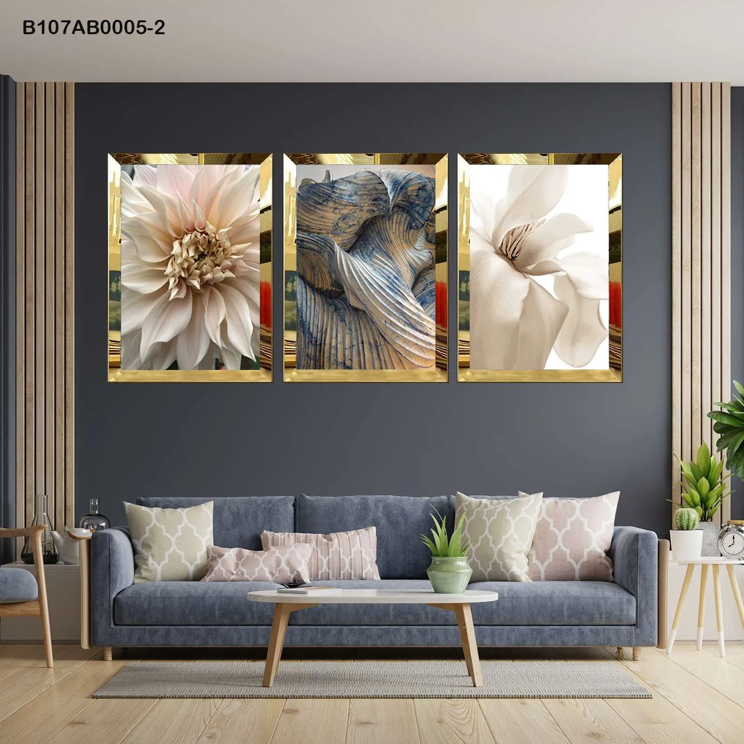 لوحات جدارية زهور بيج وتصميم تجريدي إطار ذهبي