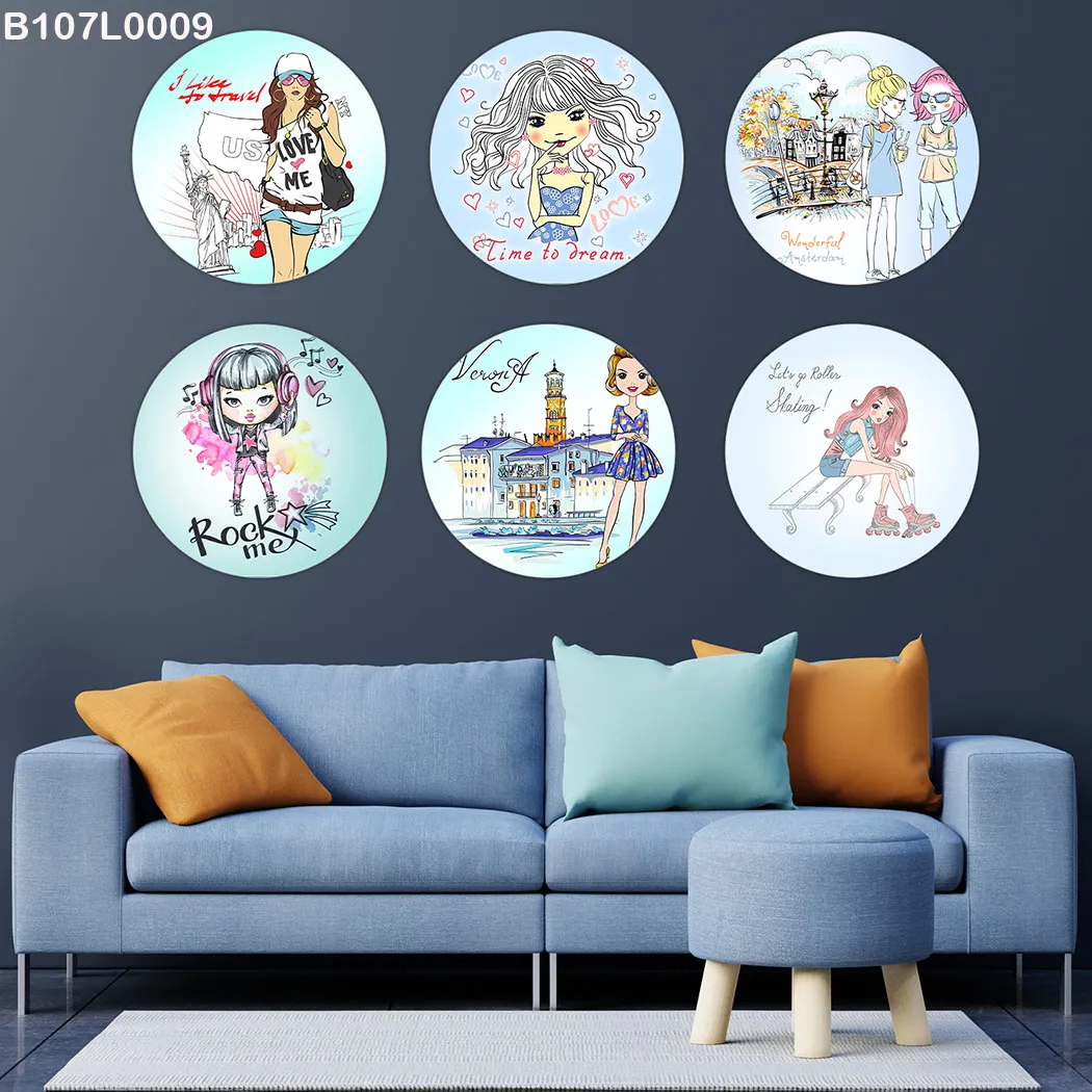 لوحة جدارية ست دوائر فتيات وسفر وأحلام