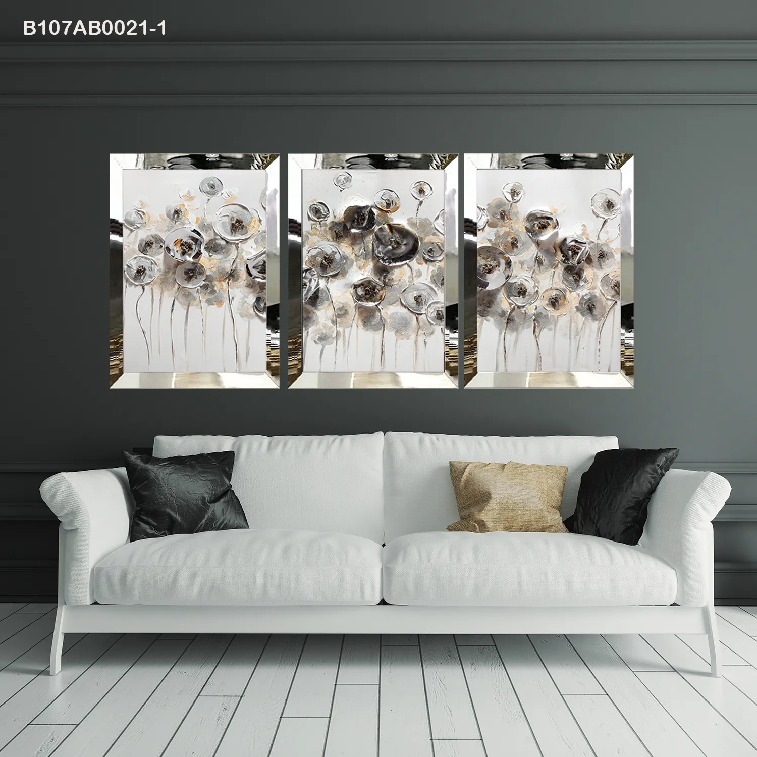 لوحات جدارية زهور تجريدية بتدرجات رمادية إطار فضي