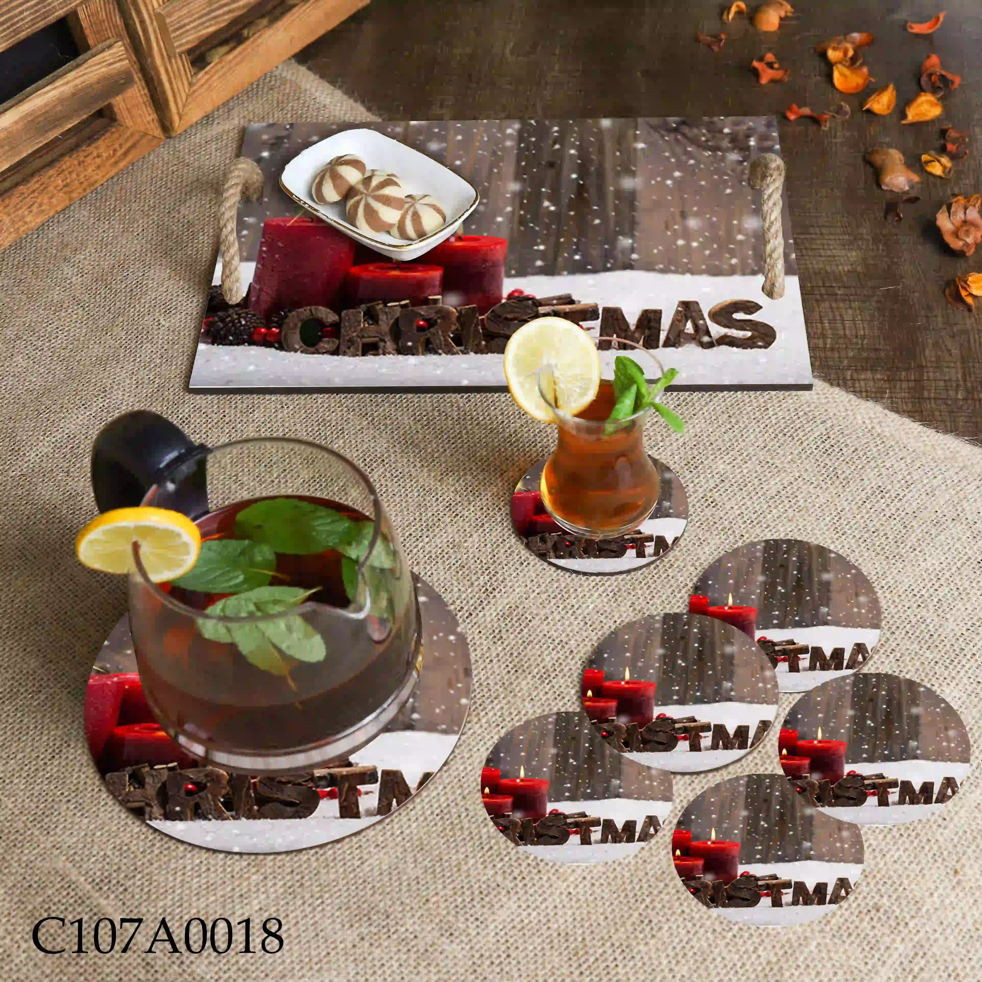 صينية مطبوعة شموع عيد الميلاد والثلج