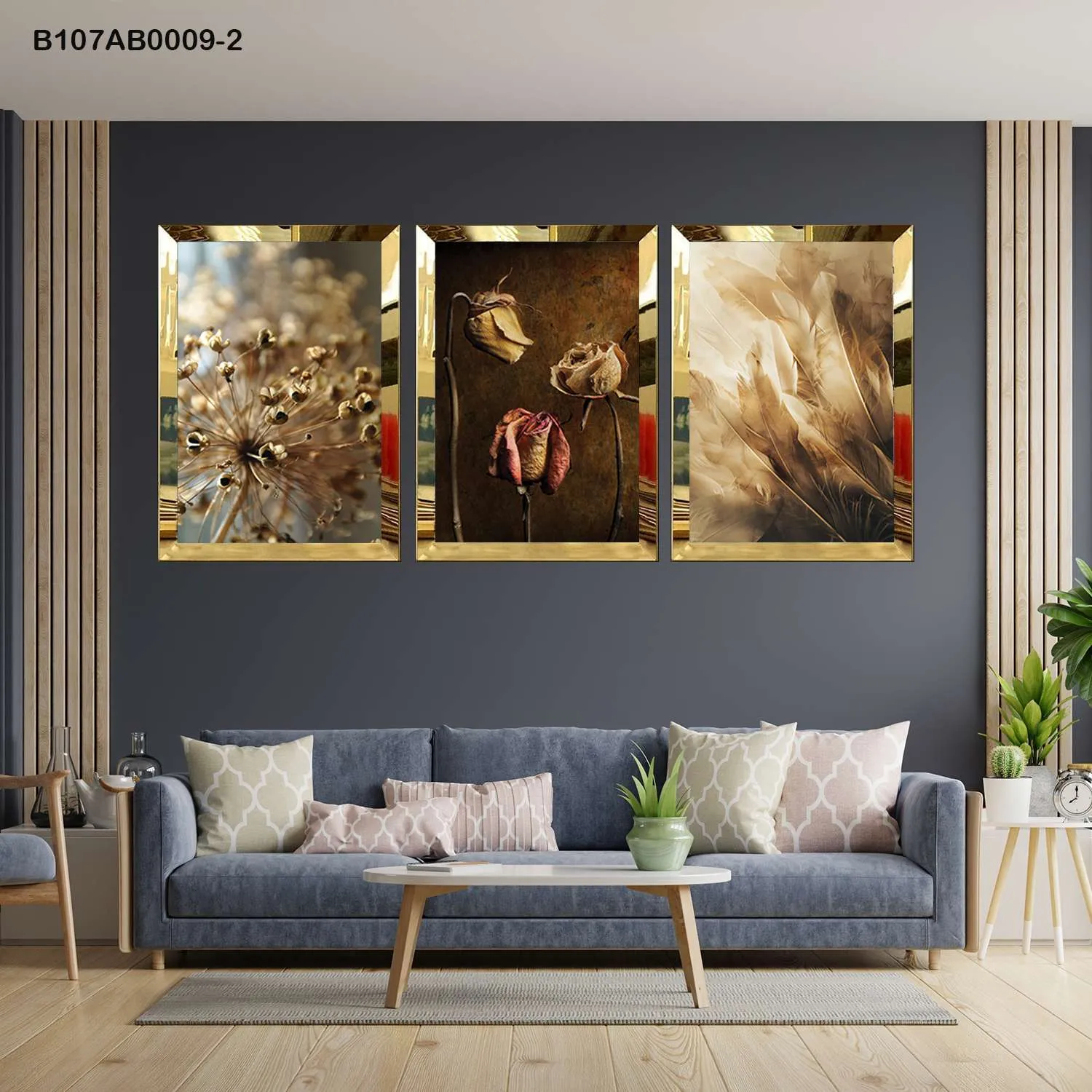 لوحات جدارية زهور ونباتات مجففة فنية إطار ذهبي