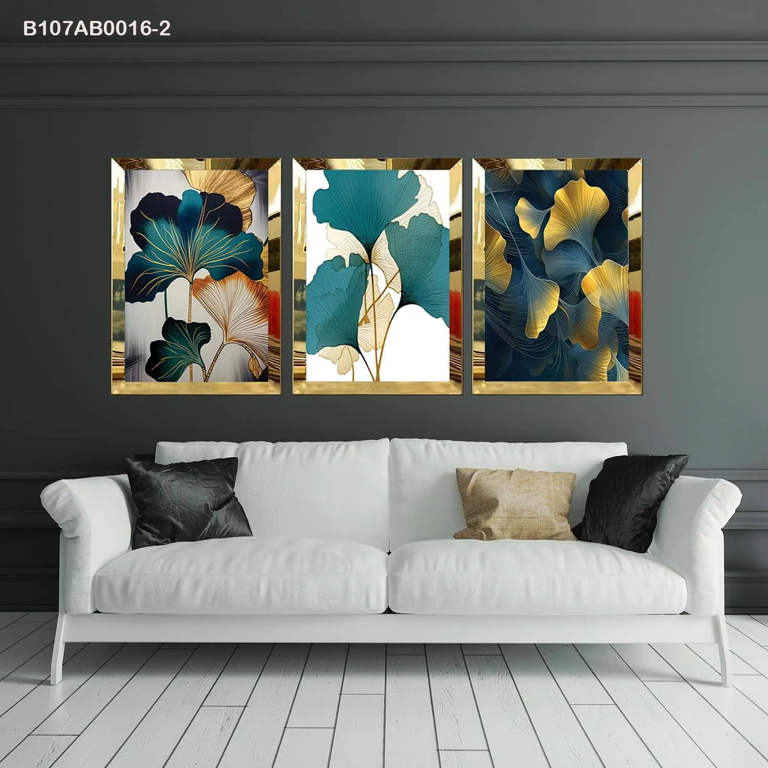 لوحات جدارية أوراق جنكة بتدرجات أزرق وذهبي إطار ذهبي