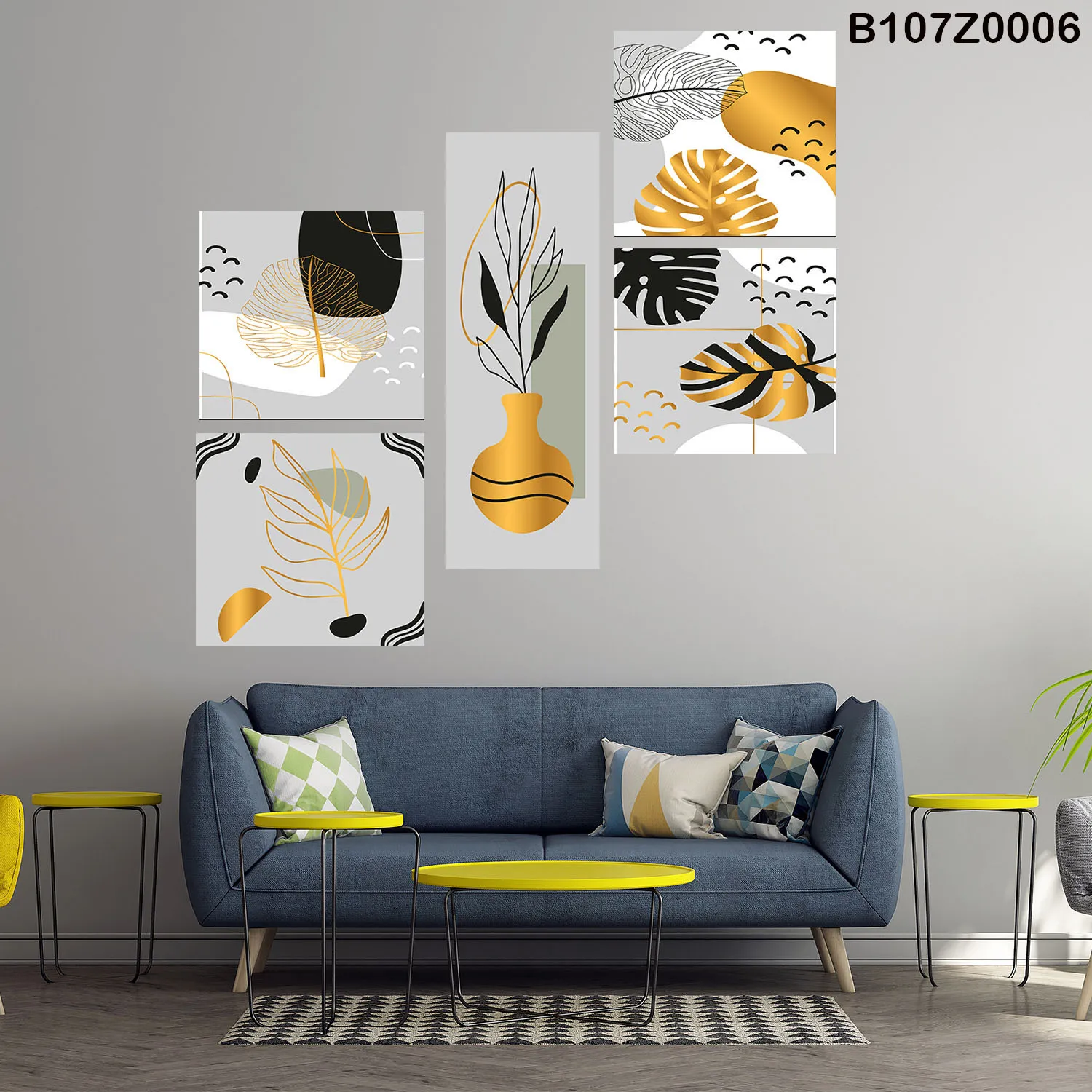 لوحة جدارية أوراق استوائية باللون الذهبي والأسود