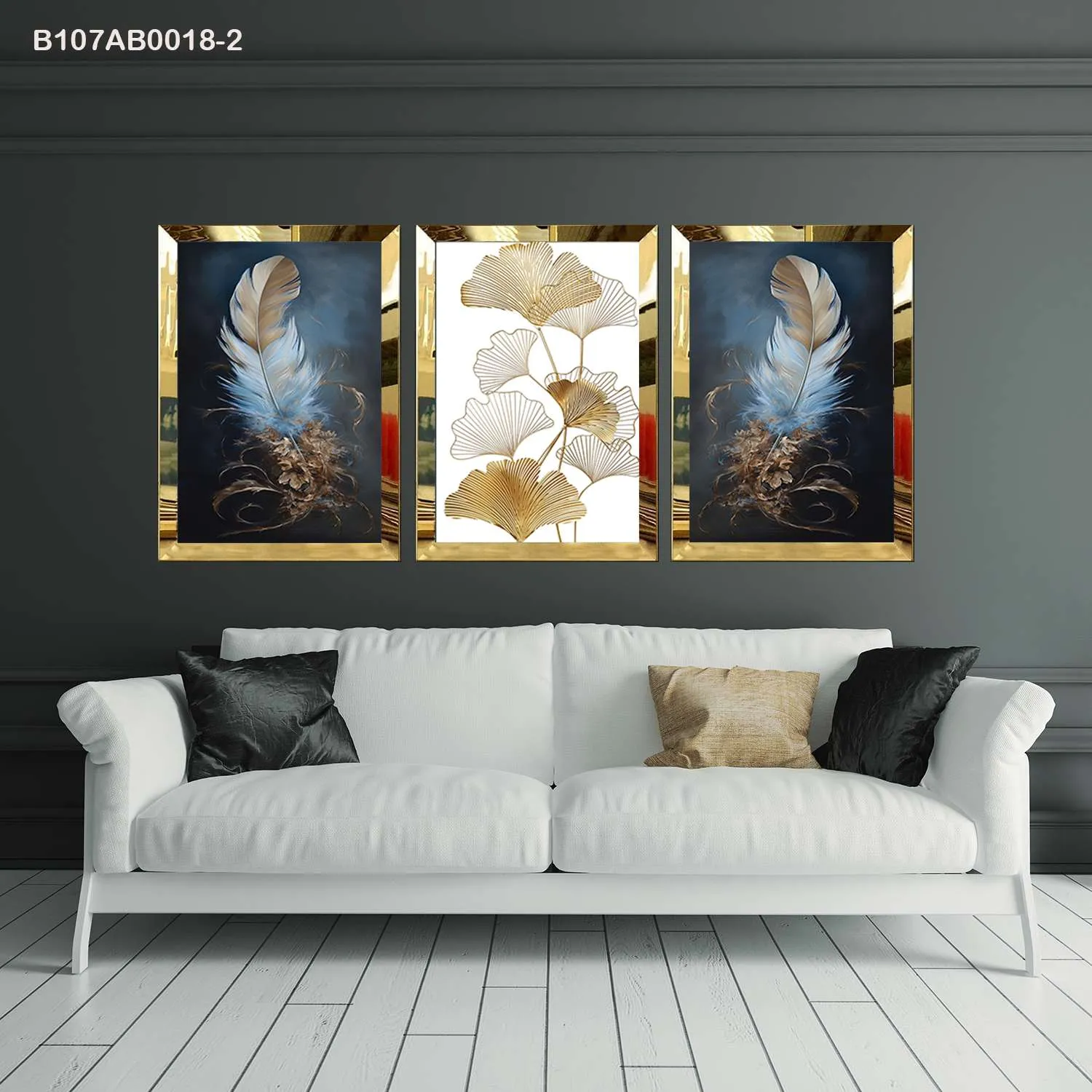 لوحات جدارية ريشة ذهبية وأوراق جنكة إطار ذهبي