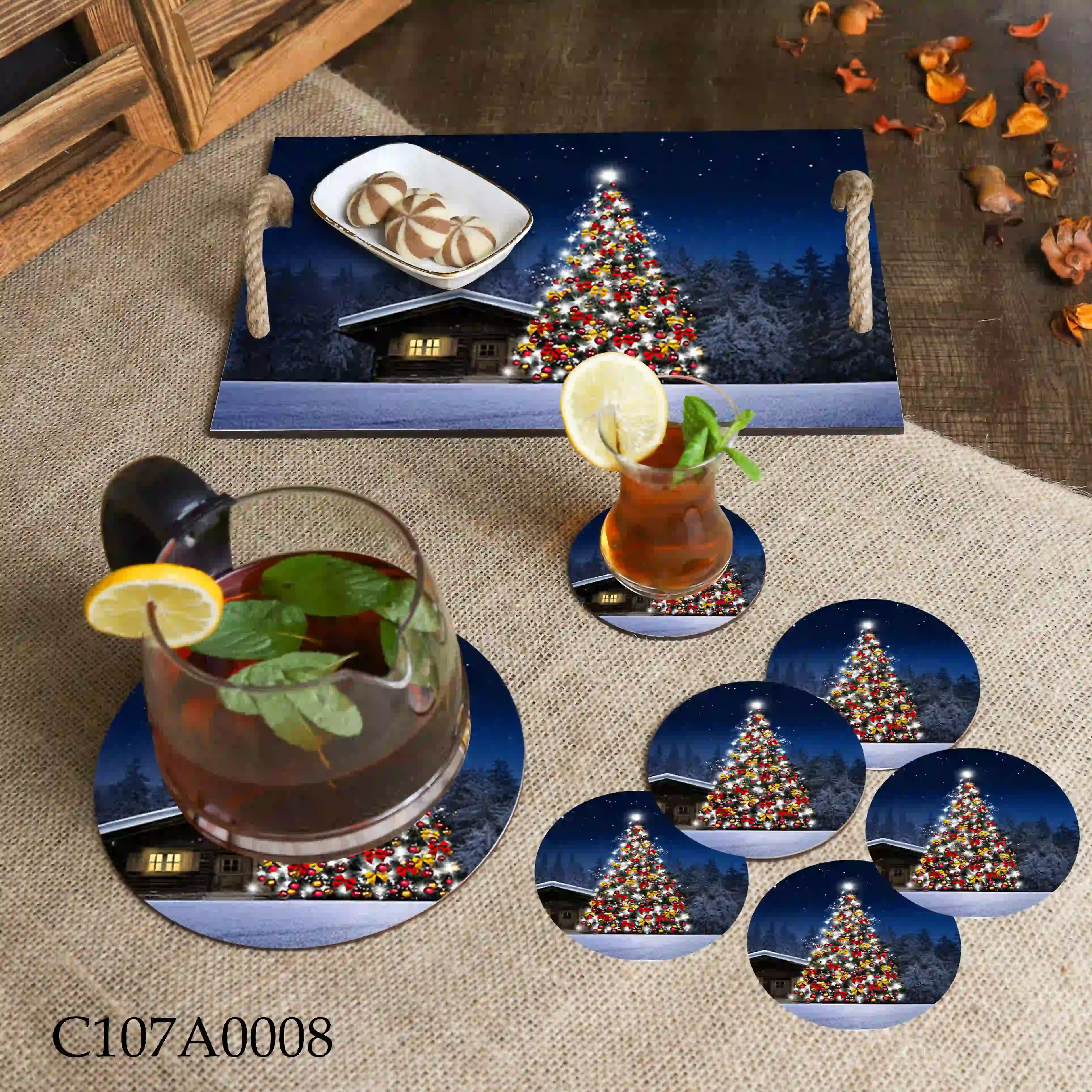 صينية مطبوعة شجرة الميلاد أمام كوخ شتوي