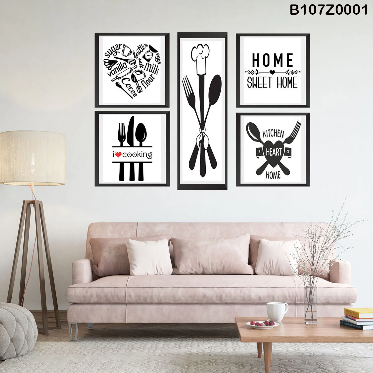 لوحة جدارية أدوات المطبخ بتصميم أبيض وأسود