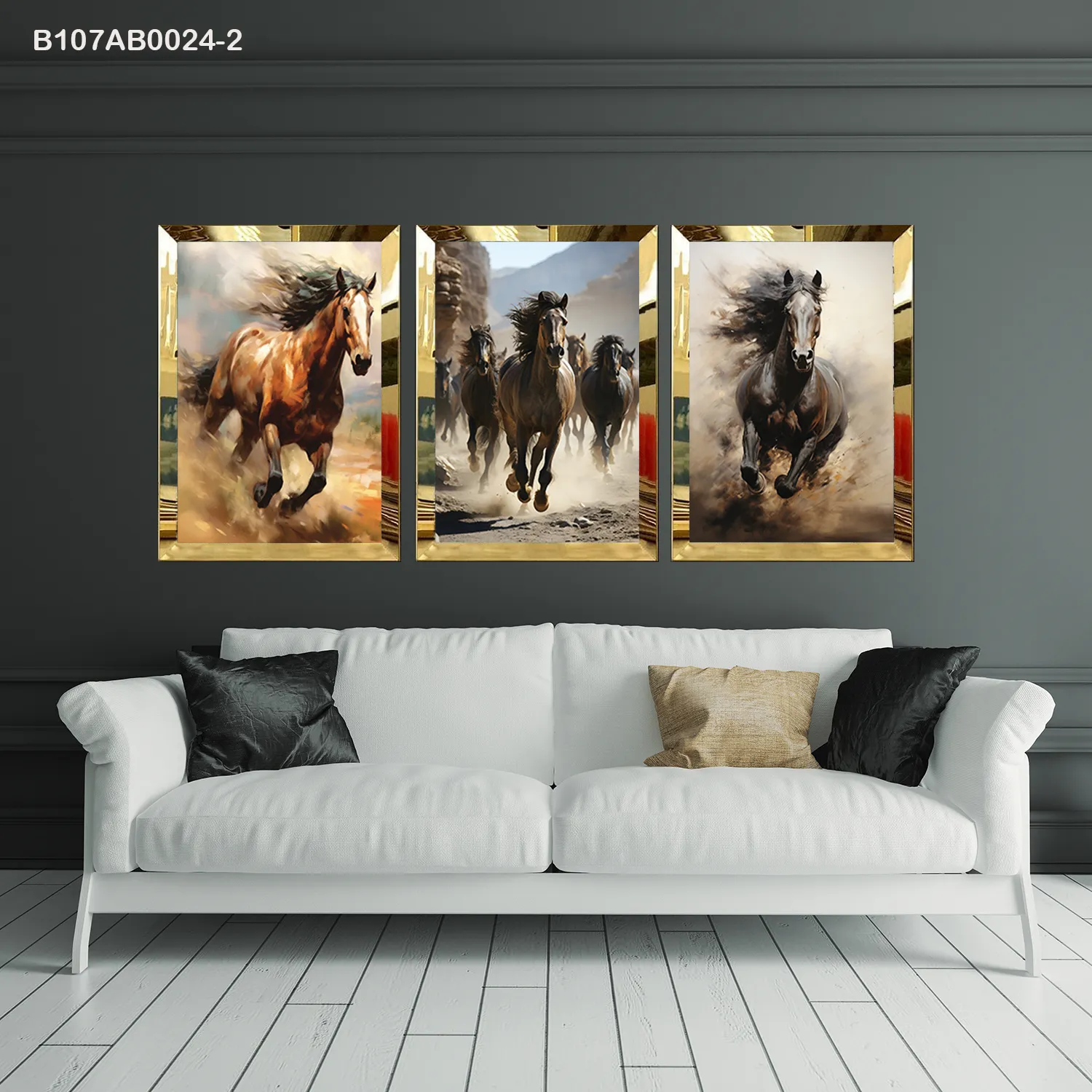 لوحات جدارية خيول عربية منطلقة إطار ذهبي