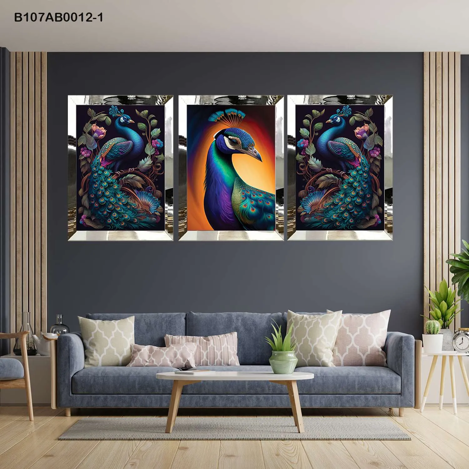 لوحات جدارية طيور الطاووس الملونة إطار فضي