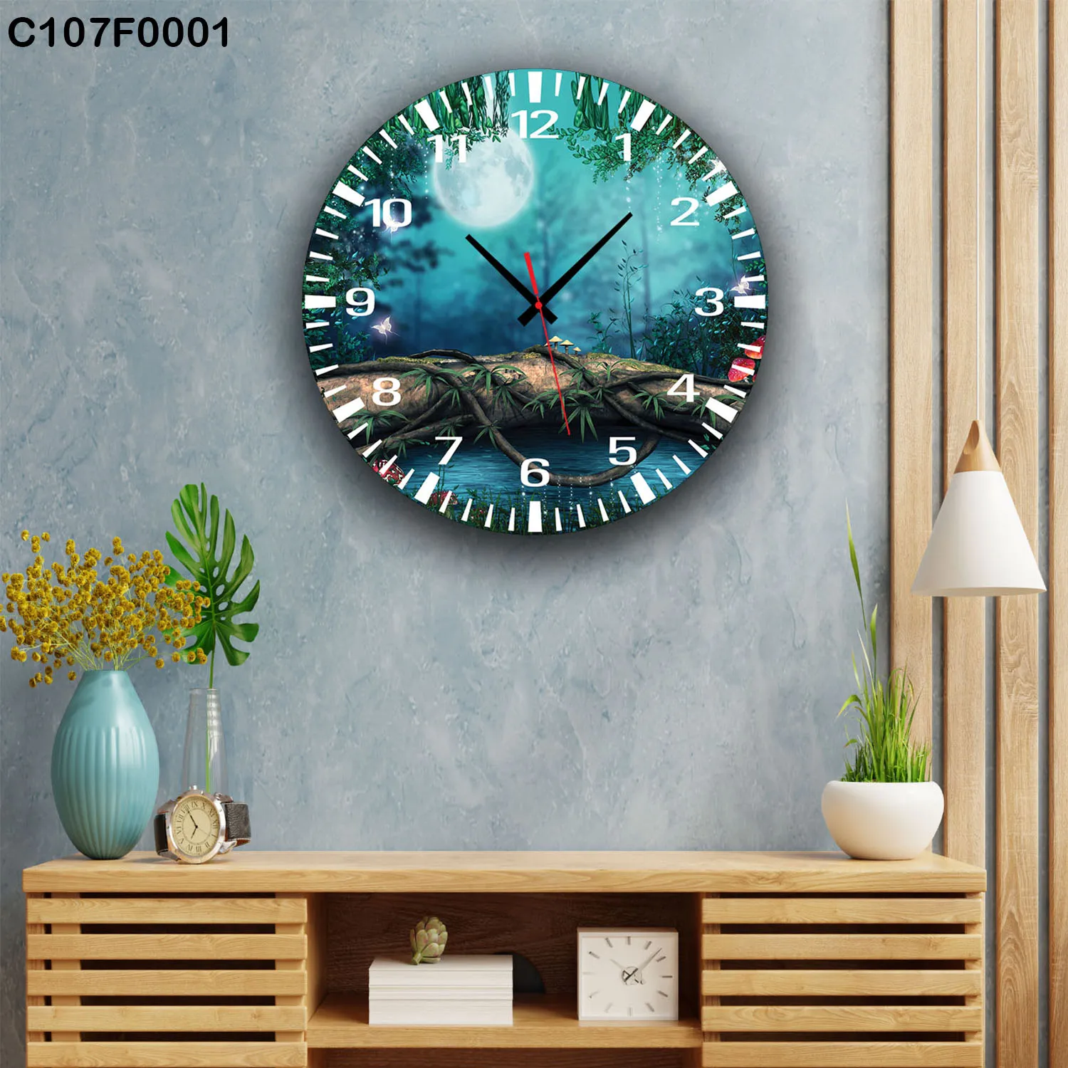 ساعة دائرية غابة ليلية بإضاءة القمر