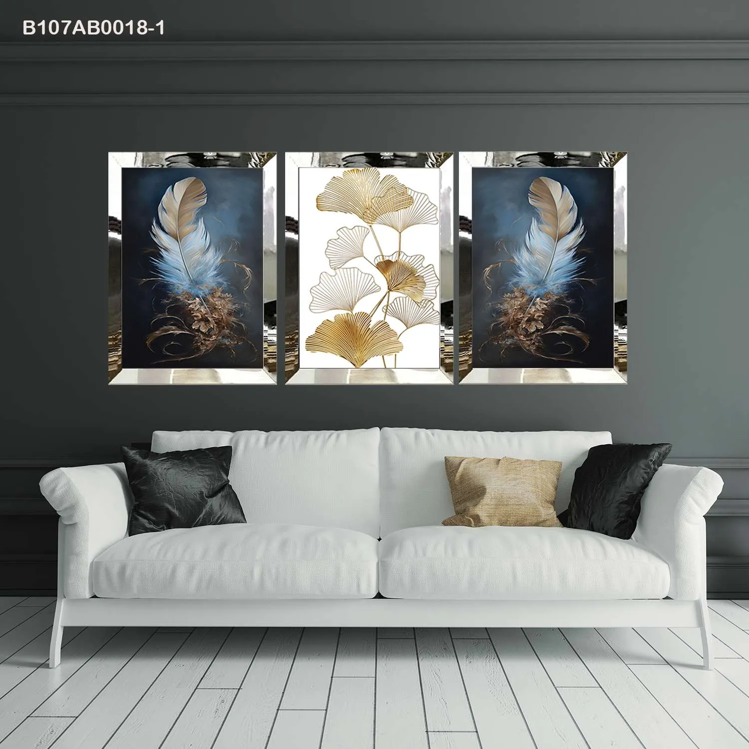 لوحات جدارية ريشة ذهبية وأوراق جنكة إطار فضي