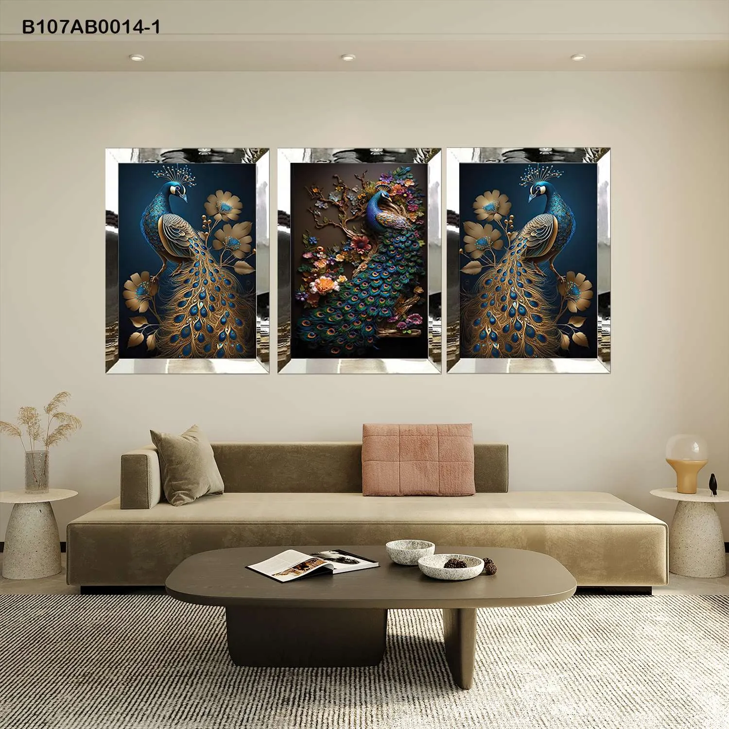 لوحات جدارية طاووس ذهبي مزخرف إطار فضي