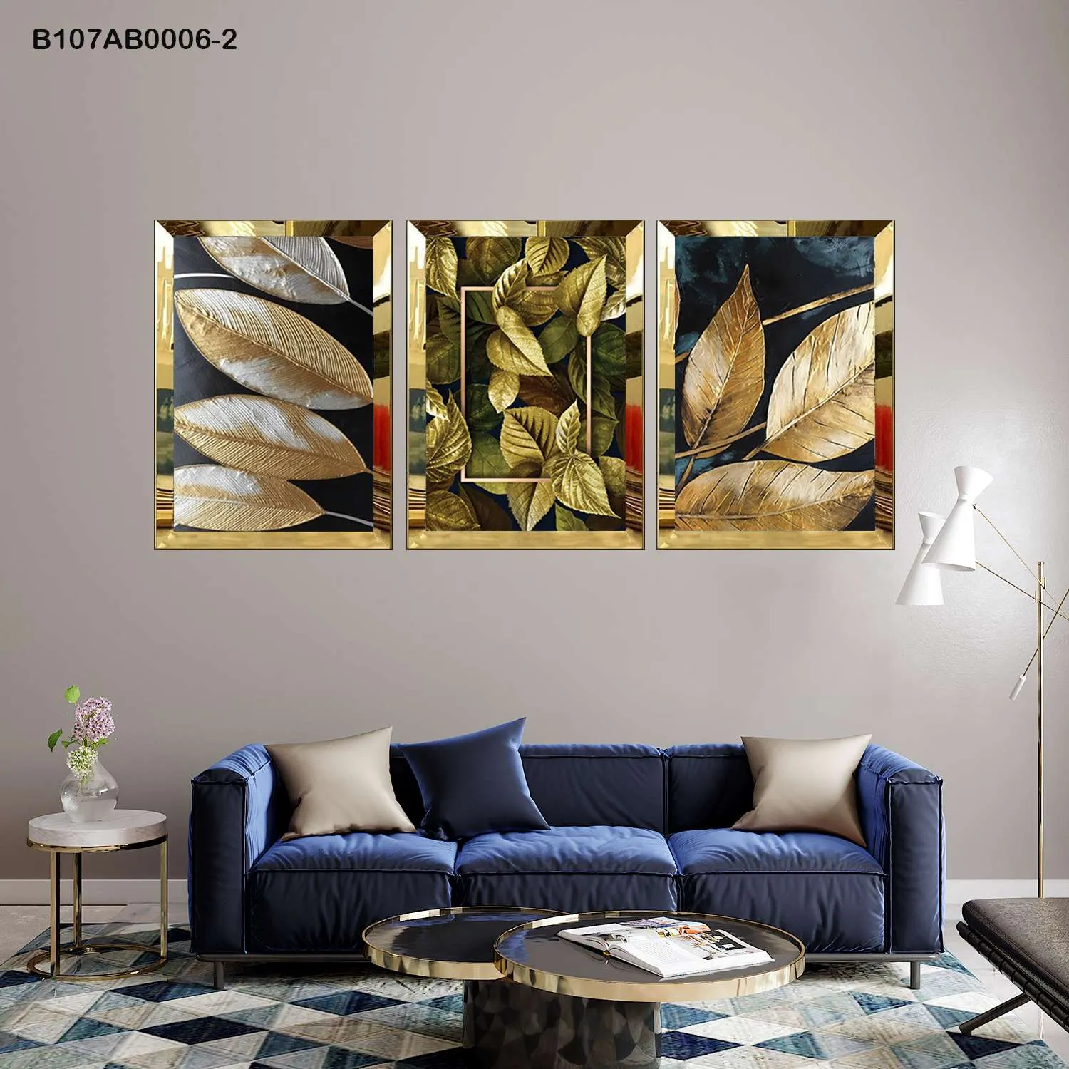 لوحات جدارية أوراق نباتية ذهبية إطار ذهبي