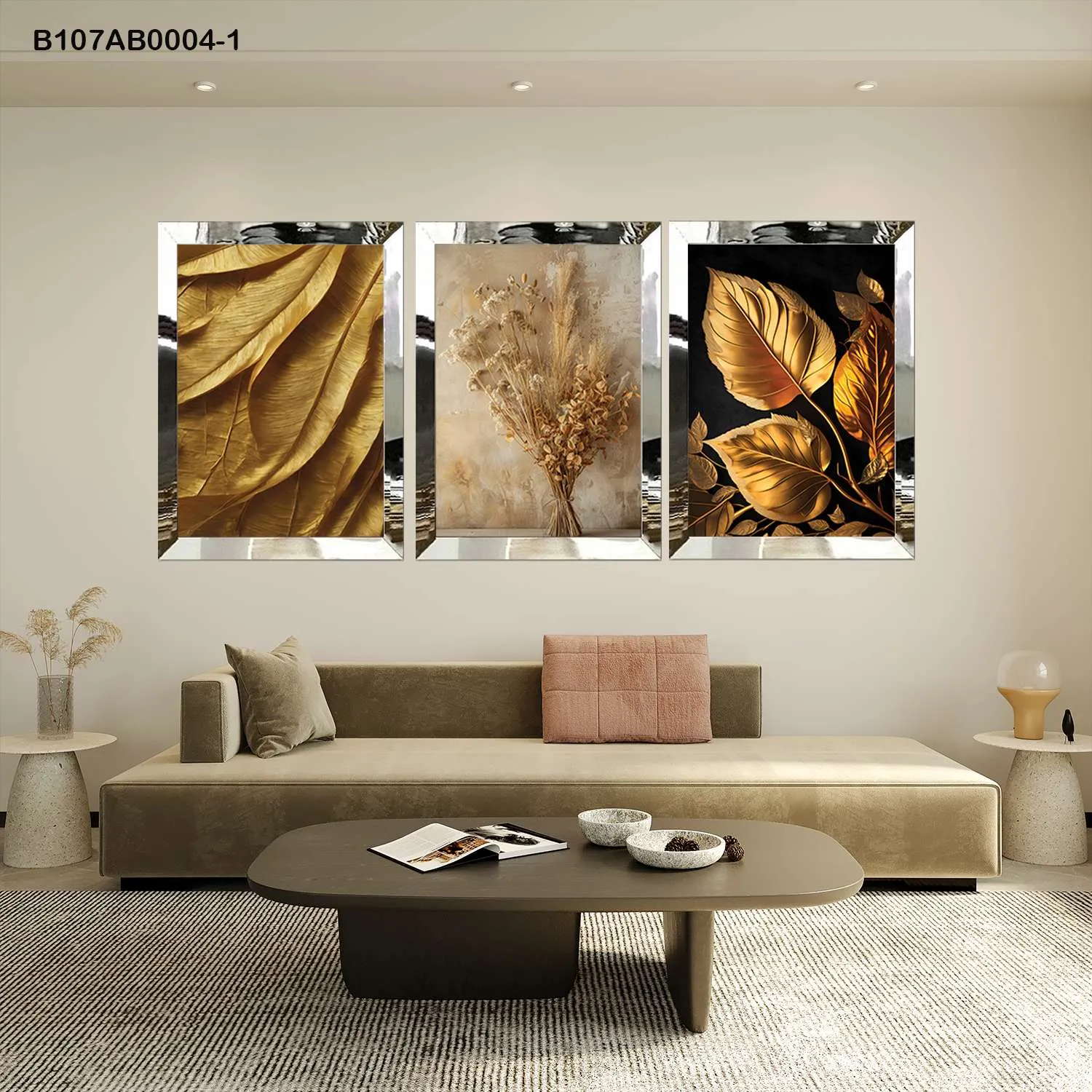 لوحات جدارية أوراق ذهبية ونباتات مجففة إطار فضي